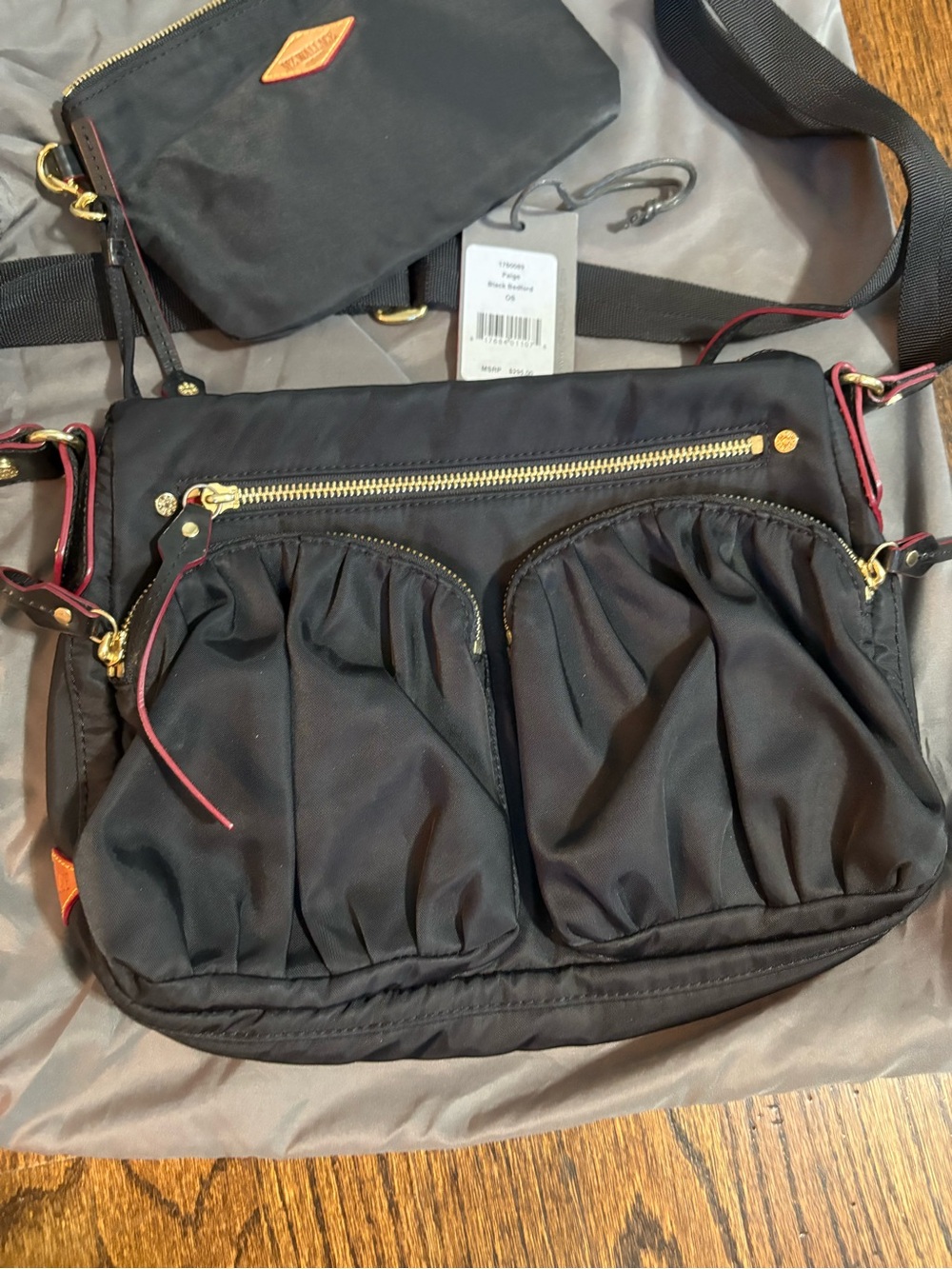 MZ Wallace Black Nylon Crossbody with Gold Hardware and Red Trim - Picture 4 of 8